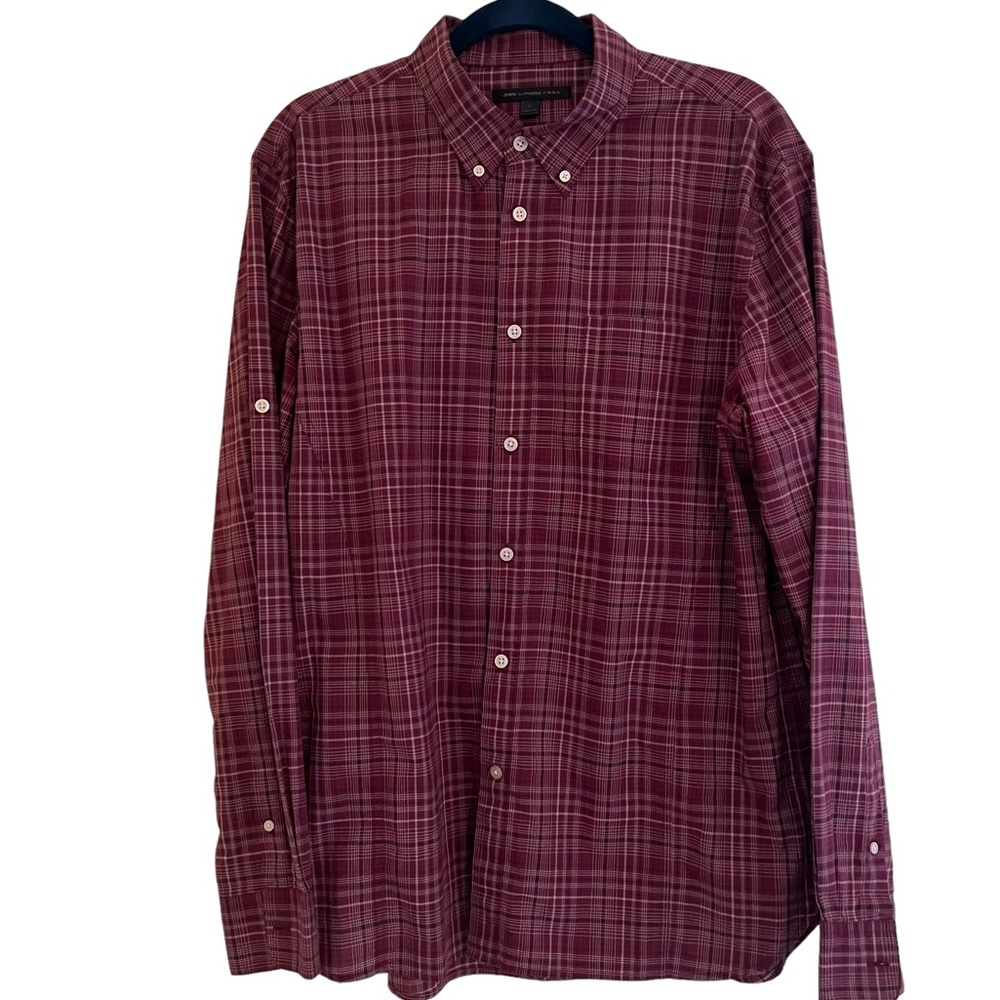 John Varvatos Burgundy Plaid Cotton Button Down Shirt L